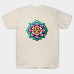 Blossoming Enlightenment, Serene Lotus Mandala in Pink, Teal, and Mint T-Shirt